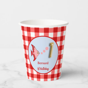 Red Gingham 1st Birthday Photo Fish Gold Balloon Paper Cups