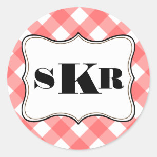 Red gingham 3 monogram letter country style classic round sticker