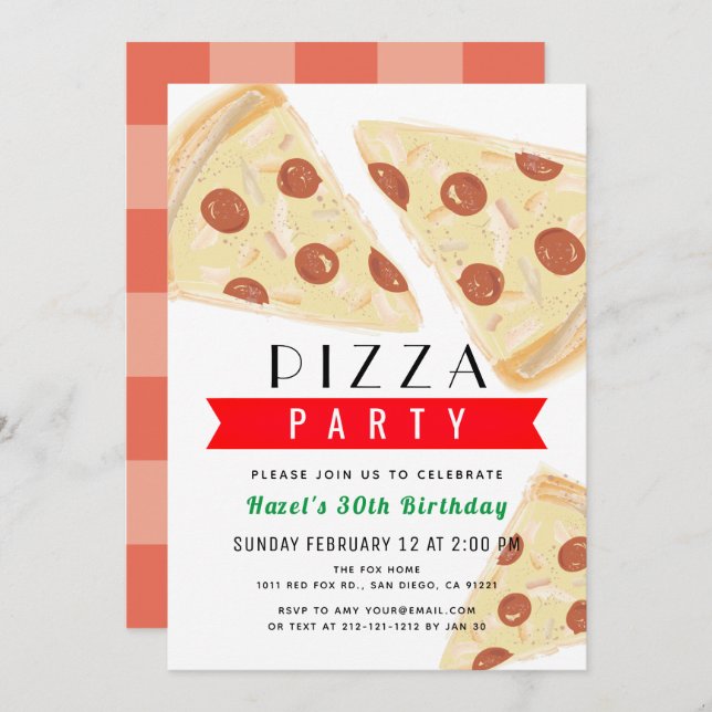 Red Gingham Adult Pizza Party Birthday Invitation (Front/Back)