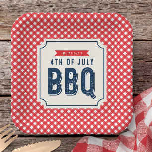 Red Gingham and Blue 4th of July BBQ Paper Plate