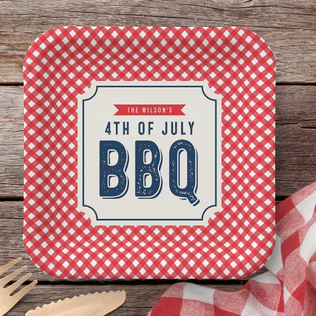 Red Gingham and Blue 4th of July BBQ  Paper Plate (Creator Uploaded)