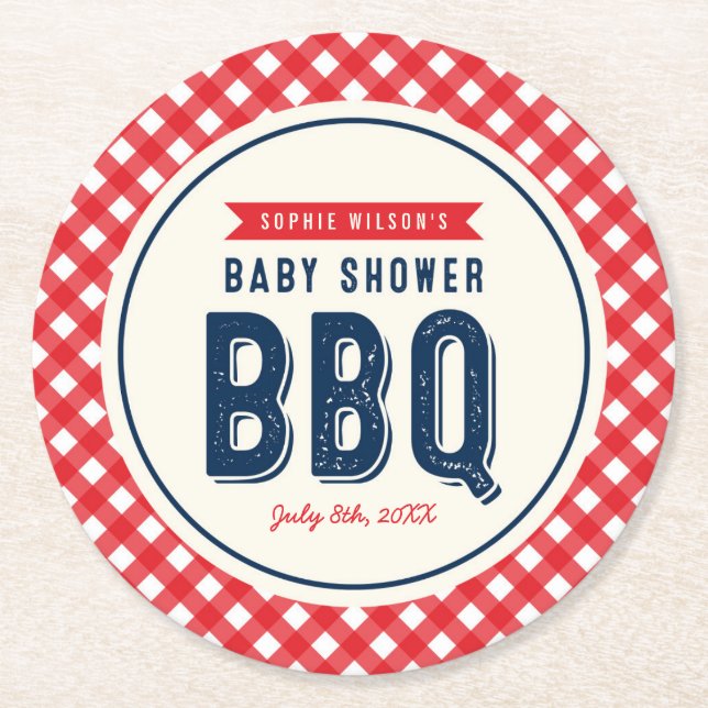 Red Gingham and Blue Baby Shower BBQ Party Round Paper Coaster (Front)