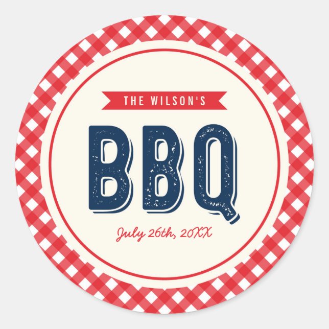 Red Gingham and Blue BBQ Party Classic Round Sticker (Front)