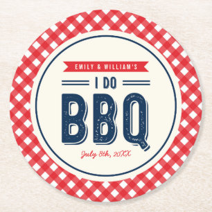Red Gingham and Blue I Do BBQ Party Round Paper Coaster