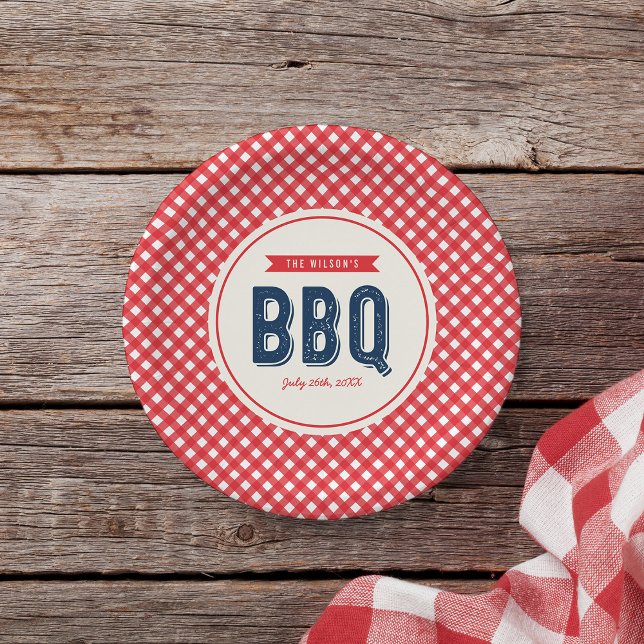 Red Gingham and Blue Summer BBQ Paper Plate (Creator Uploaded)