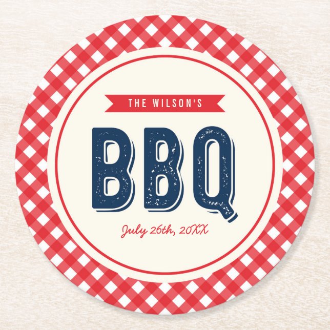 Red Gingham and Blue Summer BBQ Round Paper Coaster (Front)