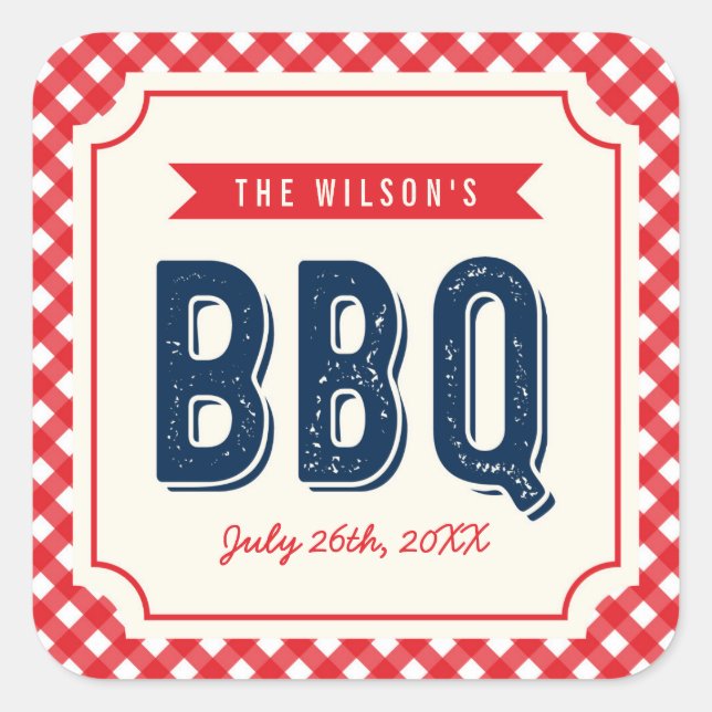 Red Gingham and Blue Summer BBQ Square Sticker (Front)