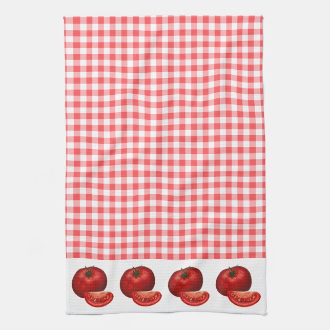 Red Gingham and Tomatoes Kitchen Tea Towel (Vertical)
