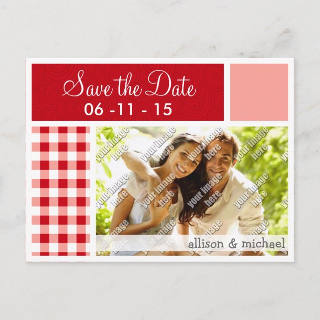 Red Gingham Announcement Postcard (Front)