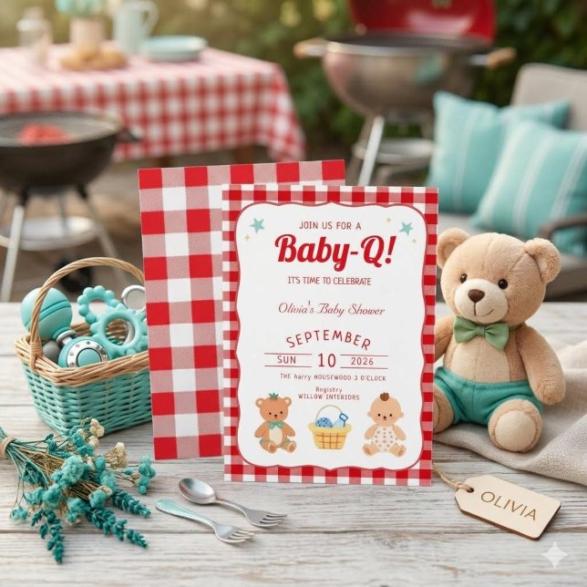 Red Gingham Baby-Q Baby Shower Invitation,Picnic Invitation (Creator Uploaded)