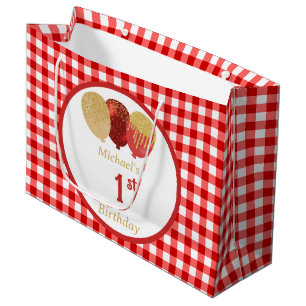 Red Gingham Balloons Custom Multi Photo Birthday Large Gift Bag