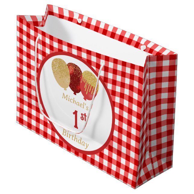Red Gingham Balloons Custom Multi Photo Birthday Large Gift Bag (Front Angled)