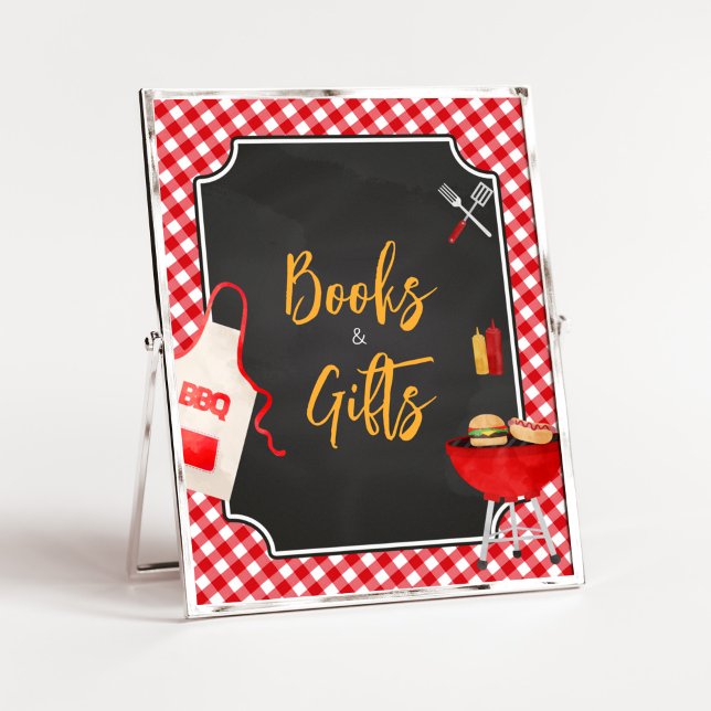 Red Gingham BBQ Baby Shower Books and Gifts Poster (Burger in the Oven Baby Shower Books and Gifts Sign)