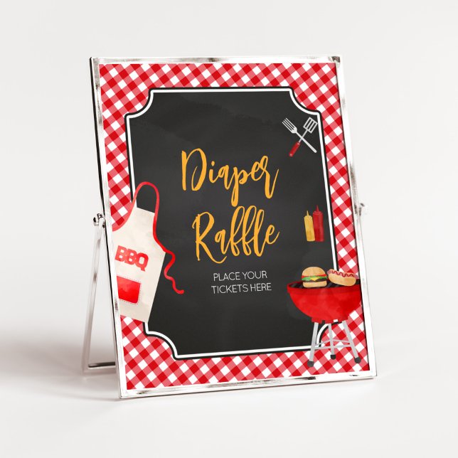 Red Gingham BBQ Baby Shower Diaper Raffle Poster (Burger in the Oven Baby Shower Diaper Raffle Sign)