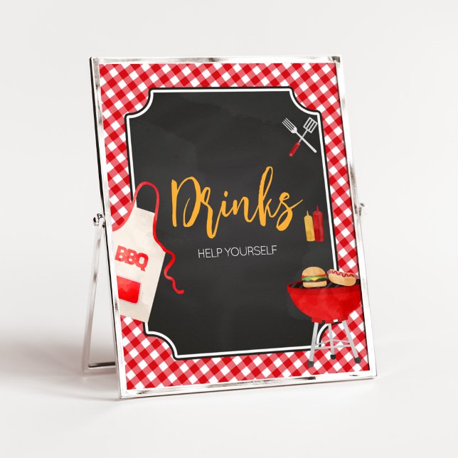 Red Gingham BBQ Baby Shower Drinks Poster (Burger in the Oven Baby Shower Drinks Sign)