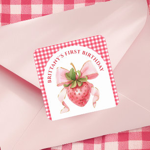 Red Gingham Berry First Birthday Square Sticker
