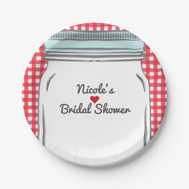 Red Gingham & Blue Mason Jar Rustic Country Party Paper Plate (Front)