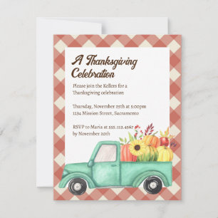 Red Gingham Blue Truck Country Fall Thanksgiving Invitation