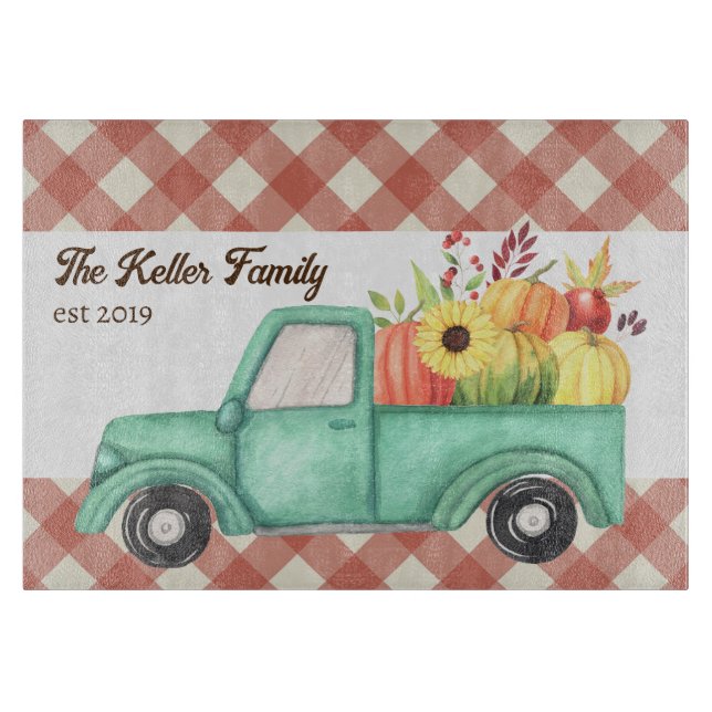 Red Gingham Blue Truck Country Pumpkin Family Name Cutting Board (Front)