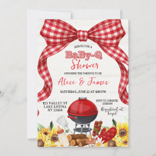 Red Gingham Bow Baby-Q Baby Shower Invitation