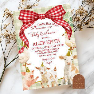 Red Gingham Bow Farm Animal Baby shower Invitation
