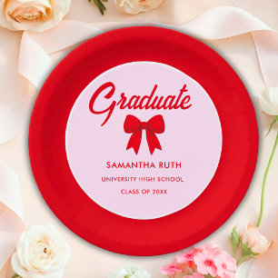 Red Gingham Bow Graduation Party Paper Plate