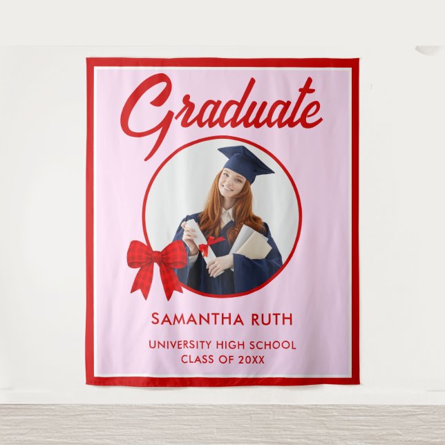Red Gingham Bow Photo Graduation Backdrop Tapestry (Front)