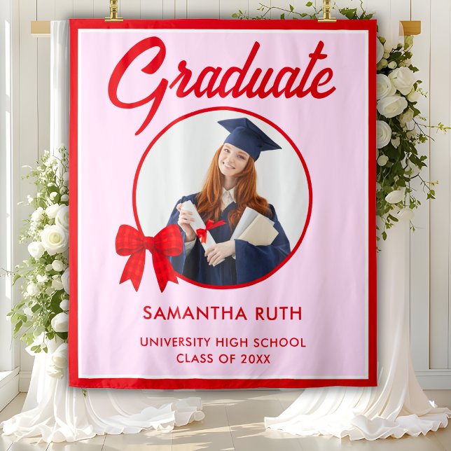 Red Gingham Bow Photo Graduation Backdrop Tapestry (Creator Uploaded)