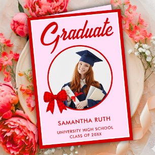 Red Gingham Bow Photo Graduation  Card