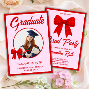 Red Gingham Bow Photo Graduation Party Invitation
