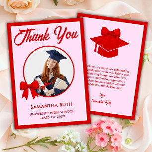 Red Gingham Bow Photo Graduation Thank You Card