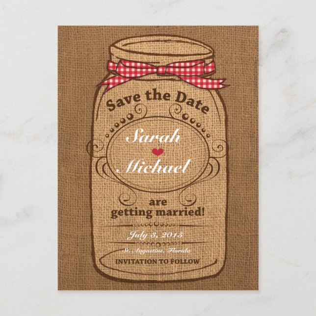 Red Gingham & Burlap Mason Jar Save the Date Announcement Postcard (Front)