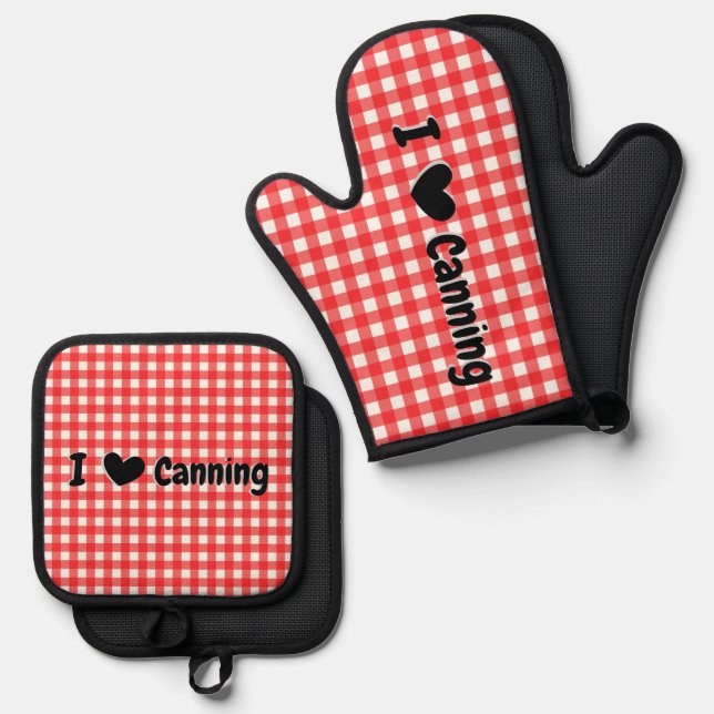 Red Gingham Check I Heart Canning Jar  Oven Mitt & Pot Holder Set (Front/Back)