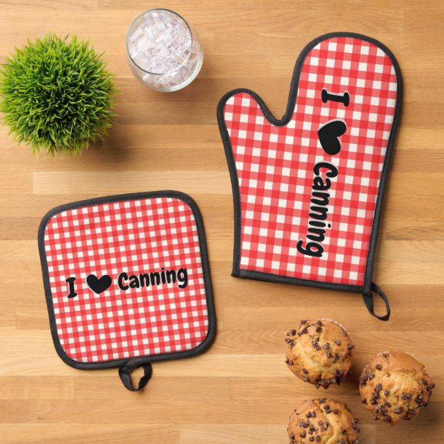 Red Gingham Check I Heart Canning Jar  Oven Mitt & Pot Holder Set (Top Down)