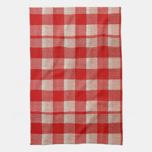Red Gingham Chequered Pattern Burlap Look Tea Towel
