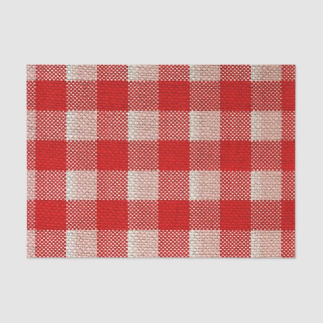 Red Gingham Chequered Pattern Burlap Look Tissue Paper (Front)