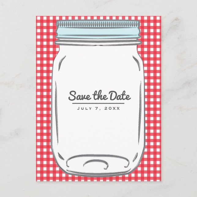 Red Gingham Chequered Rustic Country Save the Date Announcement Postcard (Front)