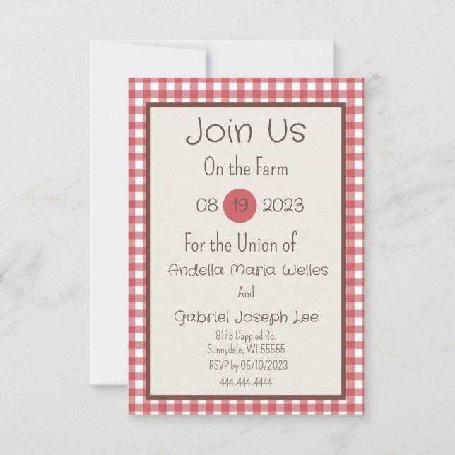 Red Gingham Country Farm Wedding Invitation  (Front)