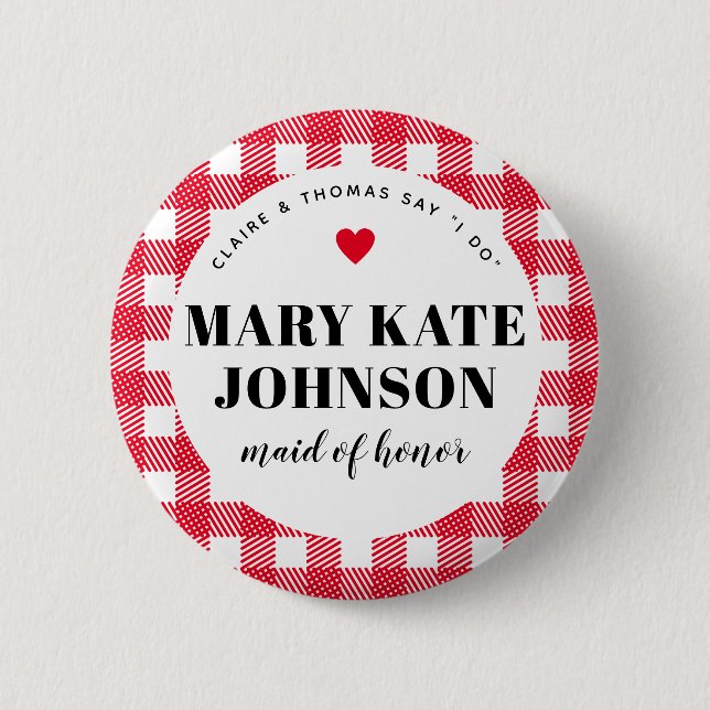 Red Gingham Country Wedding Maid of Honour Name 6 Cm Round Badge (Front)