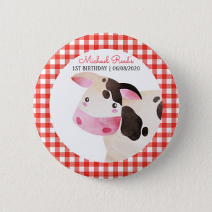 Red Gingham Cow Birthday Barnyard Favour 6 Cm Round Badge