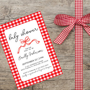 Red Gingham Cute Bow Handwriting Baby Shower Invitation