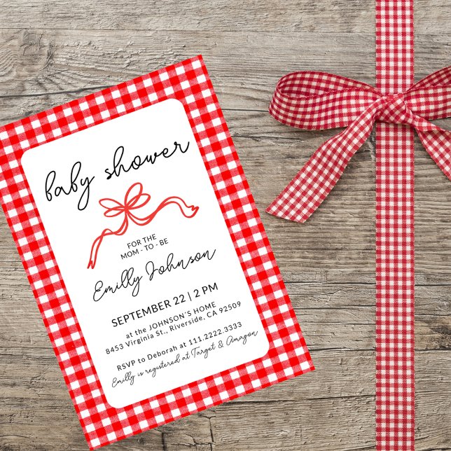 Red Gingham Cute Bow Handwriting Baby Shower Invitation (Creator Uploaded)