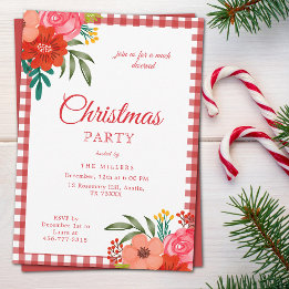 Red Gingham Floral Christmas Party Invitation