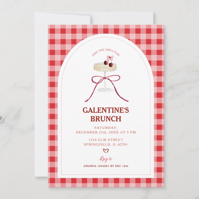 Red Gingham Galentine’s Brunch Cherry Cocktail  Invitation (Front)