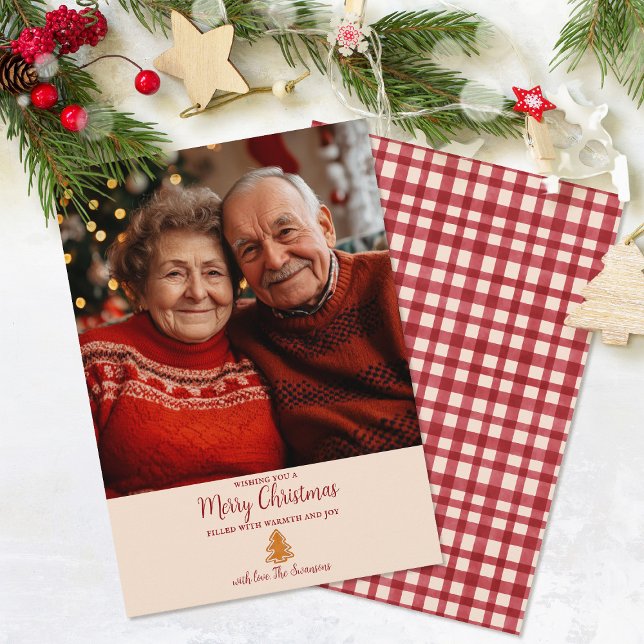 Red Gingham Gingerbread Tree 1 Photo Christmas Holiday Card (Creator Uploaded)