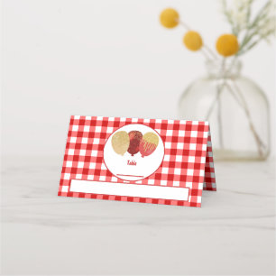 Red Gingham Glitter Balloons Folded Table  Place Card