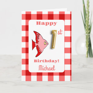Red Gingham Gold Foil Balloon Fish 1st Birthday Card