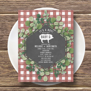 Red Gingham Greenery Baby Q Baby Shower Invitation