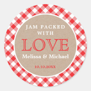 Red Gingham Kraft Jam Packed With Love Wedding   Classic Round Sticker