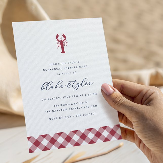 Red Gingham | Lobster Bake Rehearsal Dinner Invitation (Coastal lobster bake rehearsal dinner invitations)